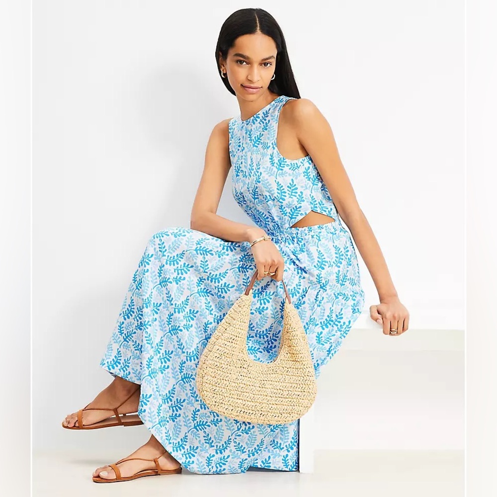 LOFT Coral Side Cutout Linen Blend Dress Large NWT white/blue vacation cruise